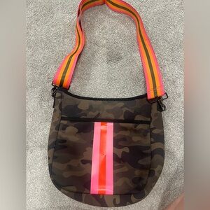 Haute Shore Camouflage Crossbody Bag with Pink and Orange Strap